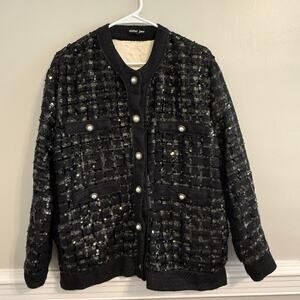 Sister Jane Black Plaid Sequin Button-Up Cardigan With Fancy Functional Buttons